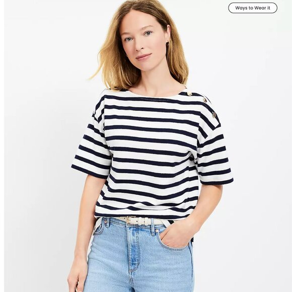 NWT LOFT Striped Shoulder Button Harbor Tee - Picture 1 of 5